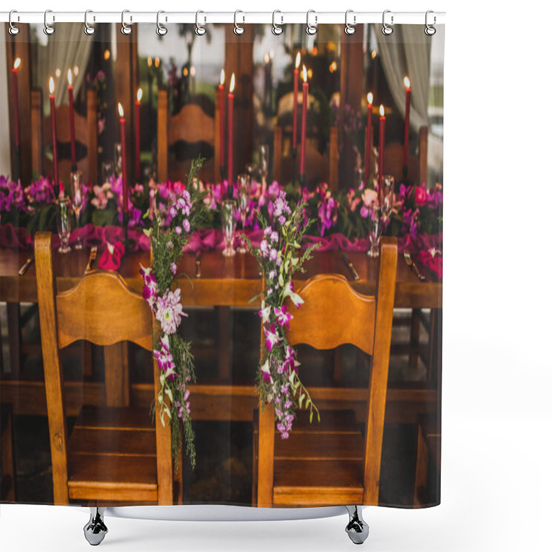 Personality  Wooden Wedding Table Decorated With Red Candles, Pink Cloth And Purple Orchids. Romantic Family Dinner In Evening Shower Curtains