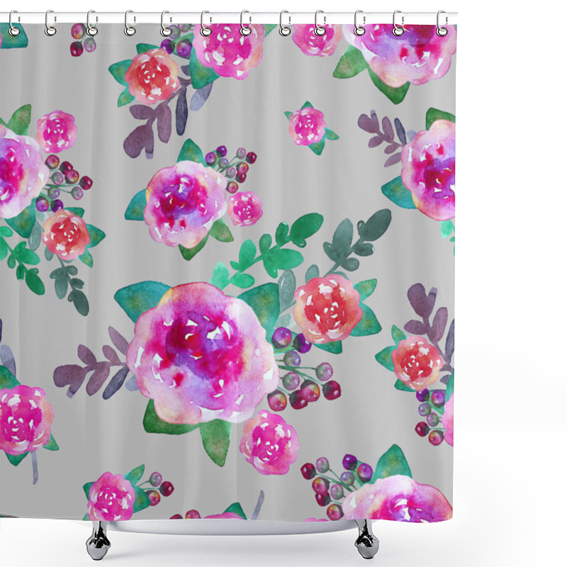 Personality  Vintage Floral Seamless Pattern With Rose Flowers And Leaf. Print For Textile Wallpaper Endless. Hand-drawn Watercolor Elements. Beauty Bouquets. Pink, Red. Green On Gray Background. Shower Curtains