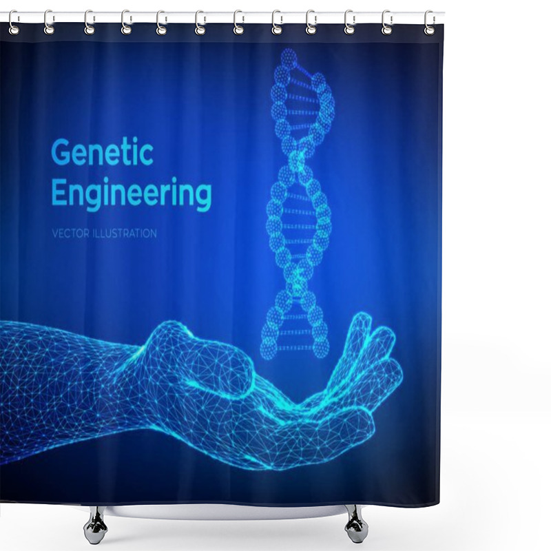 Personality  DNA Sequence In Hand. Wireframe DNA Molecules Structure Mesh. DNA Code Editable Template. Science And Technology Concept. Vector Illustration. Shower Curtains