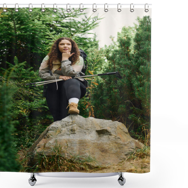 Personality  A Plus Size Woman Explores A Lush Forest, Confidently Pausing To Appreciate Her Surroundings. Shower Curtains