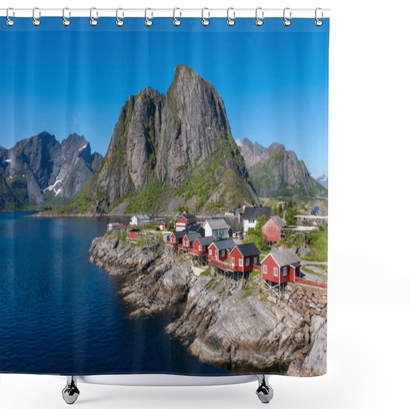 Personality  Charming Red Cabins Dot The Rocky Coastline, Surrounded By Majestic Mountains And A Serene Fjord Under A Clear Blue Sky. Hamnoy Fishing Village Lofoten, Norway Shower Curtains