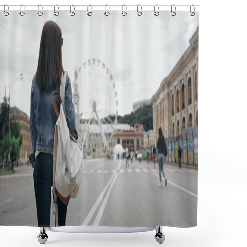 Personality  Back View Of Woman With Backpack Walking On Urban Street  Shower Curtains