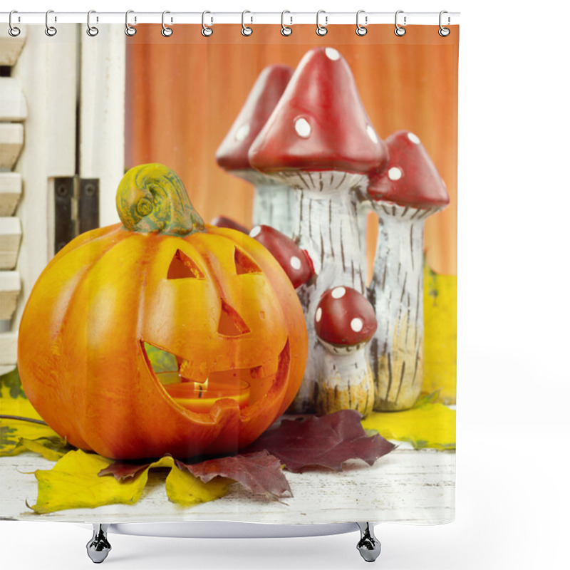 Personality  Pumpkins And Autumn Leaves On Wooden Background Shower Curtains