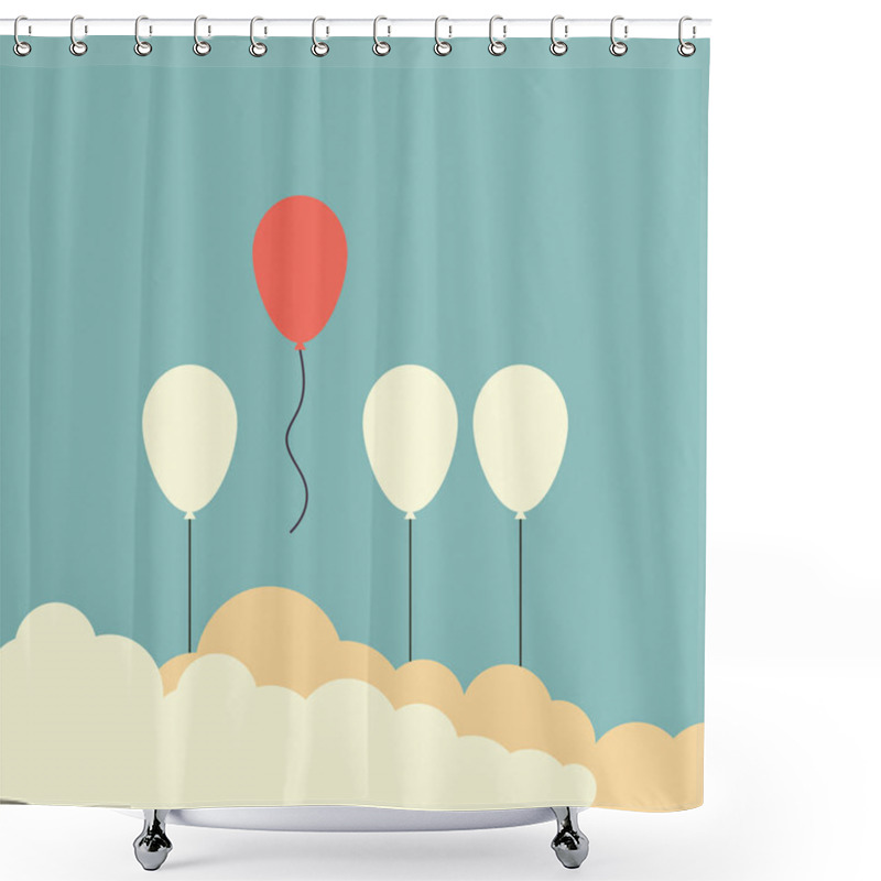 Personality  Minimalist Retro Stile. Stand Out From The Crowd And Different Concept , One Red Balloon Flying Away From Other White Balloons  . Vector Illustration Eps10 Shower Curtains