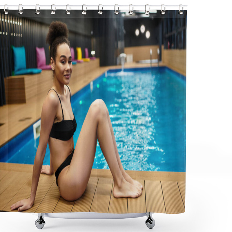 Personality  A Young Woman Enjoys A Peaceful Spa Atmosphere While Relaxing By The Stunning Pool. Shower Curtains