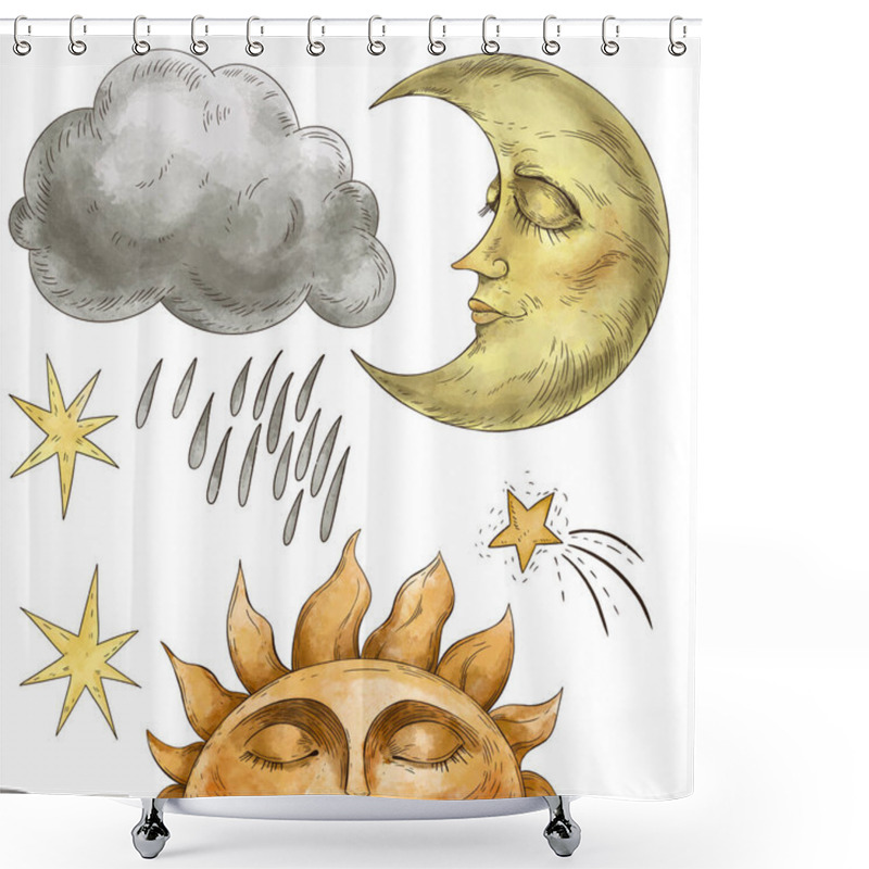 Personality  Vintage Set Of Sun, Moon With A Face, Clouds And Stars. Occult Mystical Collection Isolated On Black Background Shower Curtains