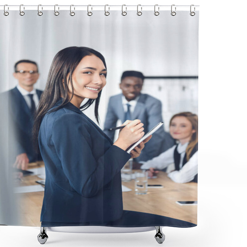 Personality  Businesswoman Writing In Notebook Shower Curtains