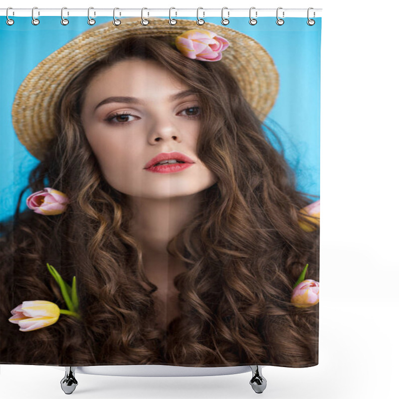 Personality  Close-up Portrait Of Young Woman In Canotier Hat With Flowers In Her Long Curly Hair Looking At Camera Shower Curtains