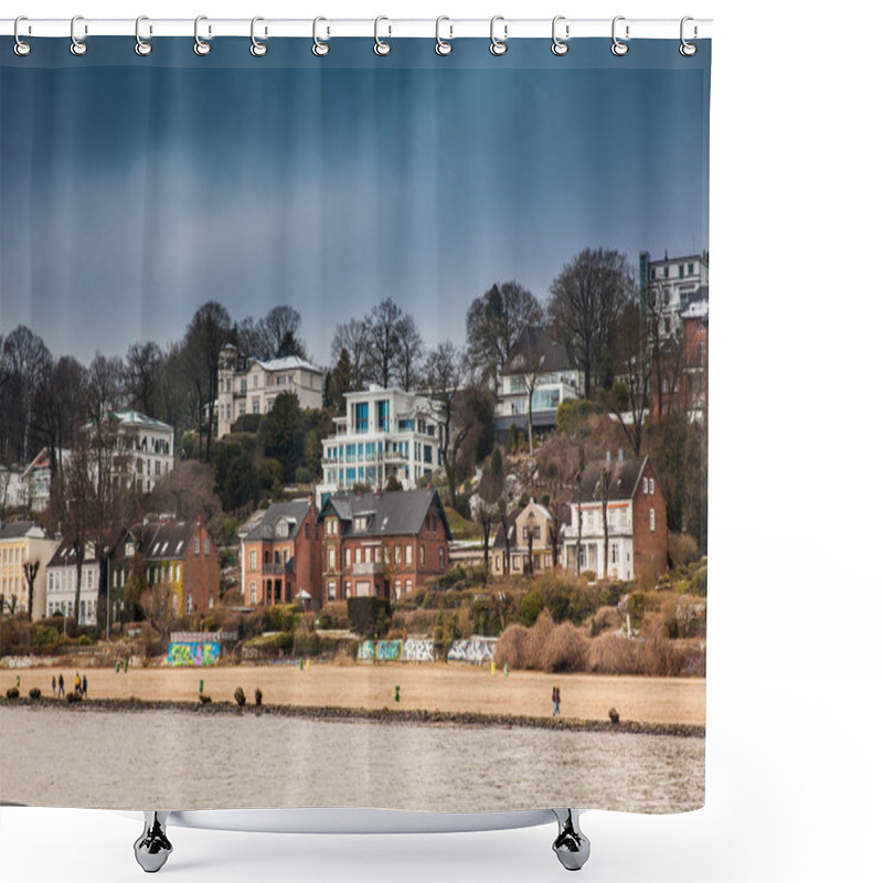 Personality  HAMBURG, GERMANY - MARCH, 2018: Beautiful Houses And Beaches On The Banks Of Elbe River In Hamburg On A Cold End Of Winter Day Shower Curtains