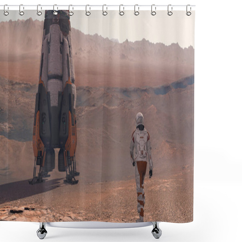 Personality  Astronaut Wearing Space Suit Walking On The Surface Of Mars. Exploring Mission To Mars. Futuristic Colonization And Space Exploration Concept. 3d Rendering Shower Curtains