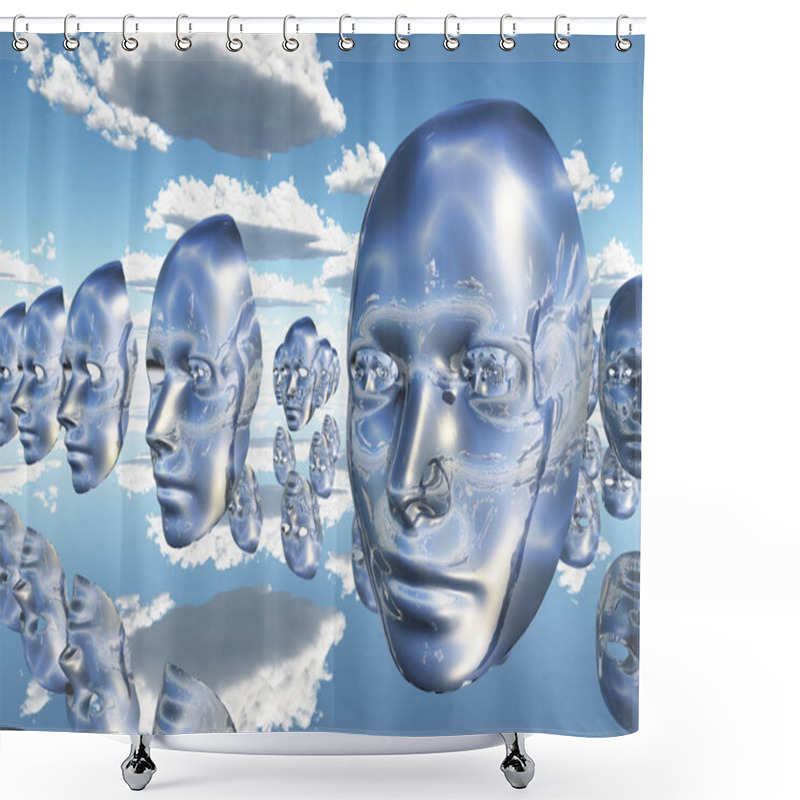 Personality  Diembodied Faces Or Masks Hover In Surreal Scene Shower Curtains