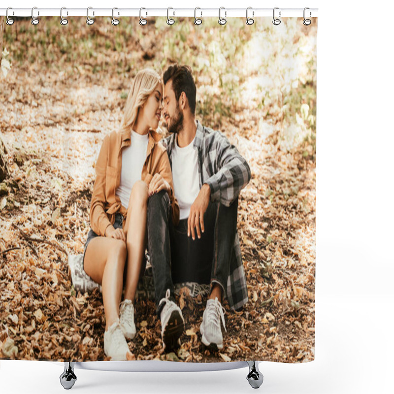 Personality  Happy Young Couple Sitting Face To Face On Autumn Leaves In Park Shower Curtains