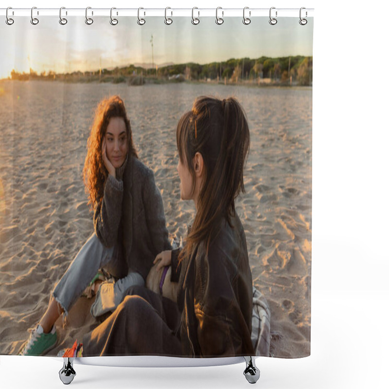 Personality  Friends Talking Near Pug Dog On Sandy Beach In Spain  Shower Curtains