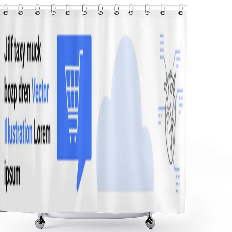 Personality  Shopping Cart In A Blue Speech Bubble, Cloud Shape, And Network-connected Heart Diagram. Ideal For Online Shopping, Cloud Services, Healthcare, Network Systems, Medical Technology, Digital Shower Curtains