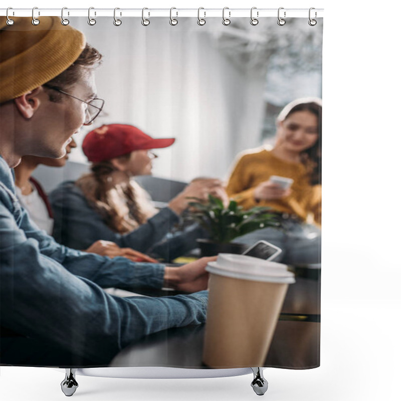 Personality  Group Of Young Stylish Friends Spending Time In Cafe Shower Curtains