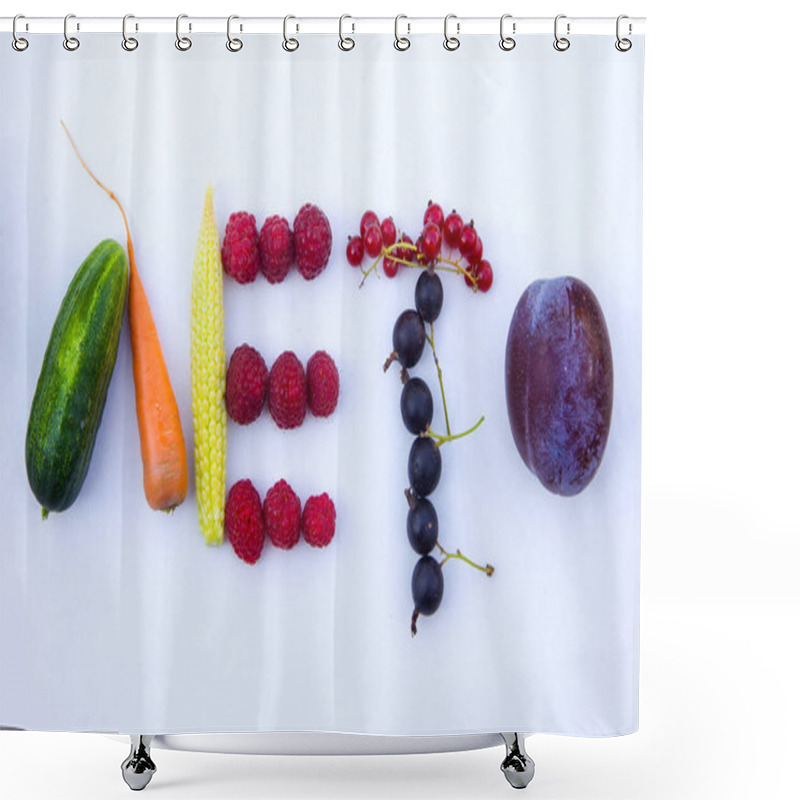 Personality  The Inscription In Russian Summer Is Made Of Vegetables, Fruits And Berries In A Frame Of Leaves And Flowers. Hello Summer Concept. Harvest, Vegetarian, Vegan, Non-gmo Shower Curtains