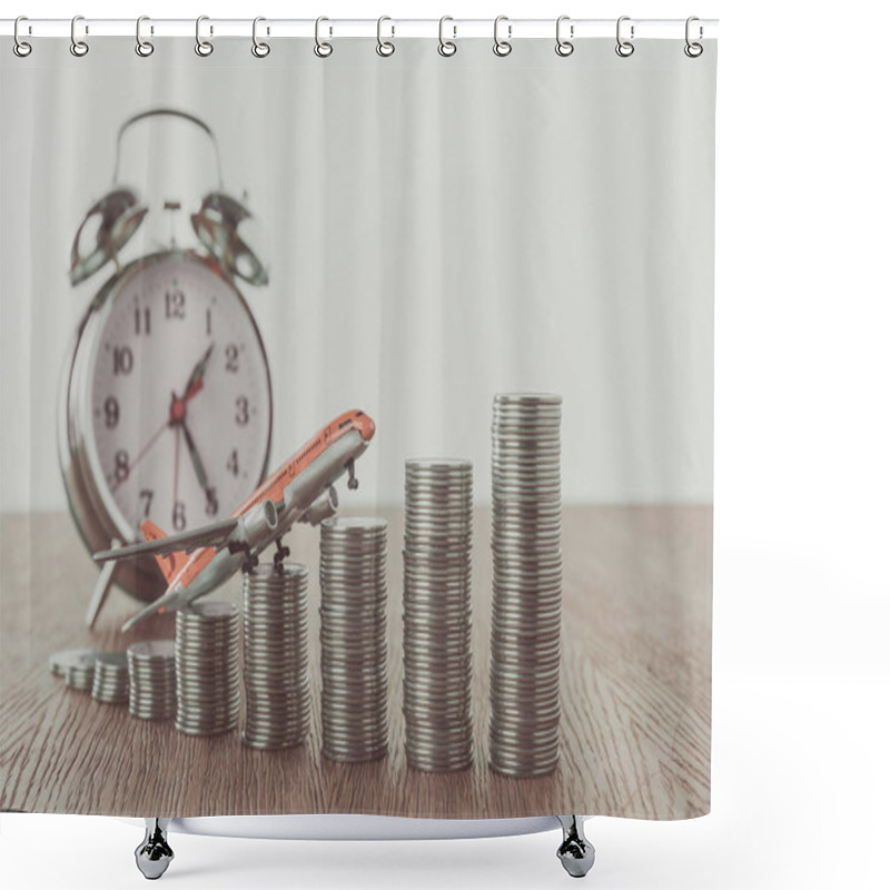 Personality  Toy Plane On Stacks Of Coins And Alarm Clock On Wooden Table, Saving Concept Shower Curtains