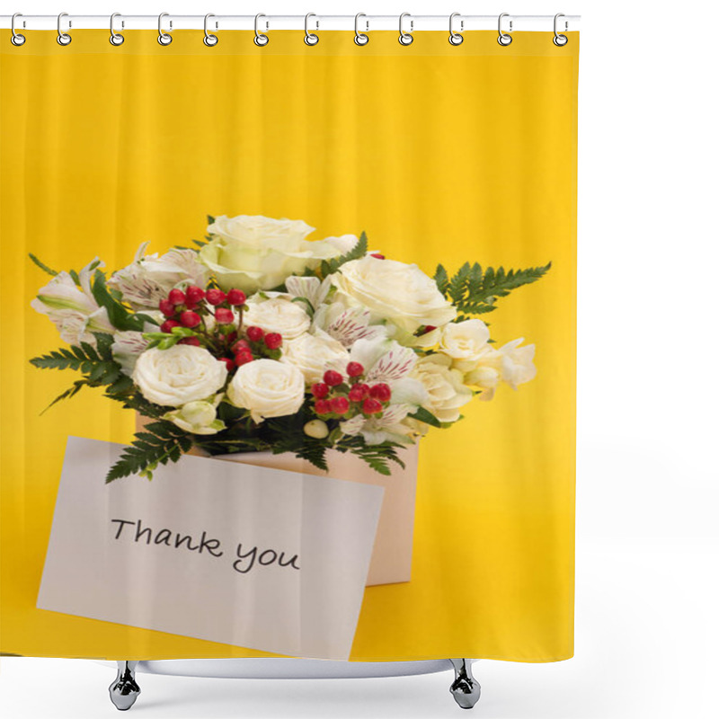 Personality  Spring Fresh Bouquet Of Flowers In Festive Gift Box Near Thank You Card On Yellow Background Shower Curtains