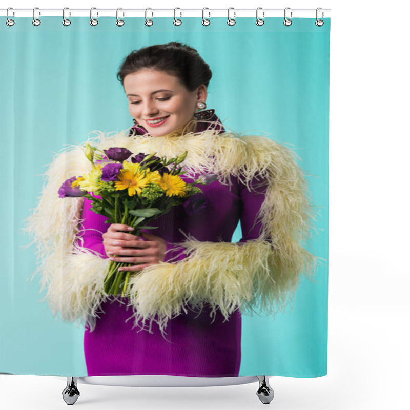 Personality  Smiling Party Girl In Purple Dress With Feathers Holding Bouquet Of Flowers Isolated On Turquoise  Shower Curtains