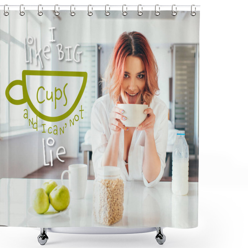 Personality  Funny Girl Licking Cornflakes With Milk For Breakfast During Quarantine With I Like Big Cups And I Can Not Lie  Lettering  Shower Curtains