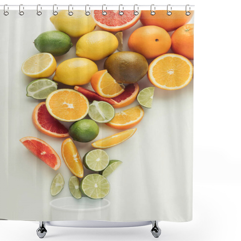 Personality  Ripe Citrus Fruits And Plastic Cup Isolated On White Background Shower Curtains