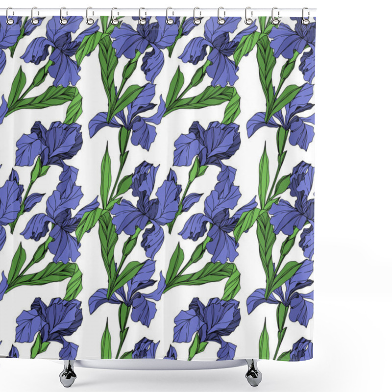 Personality  Vector Blue Iris Floral Botanical Flower. Wild Spring Leaf Wildflower Isolated. Blue And Green Engraved Ink Art. Seamless Background Pattern. Fabric Wallpaper Print Texture. Shower Curtains