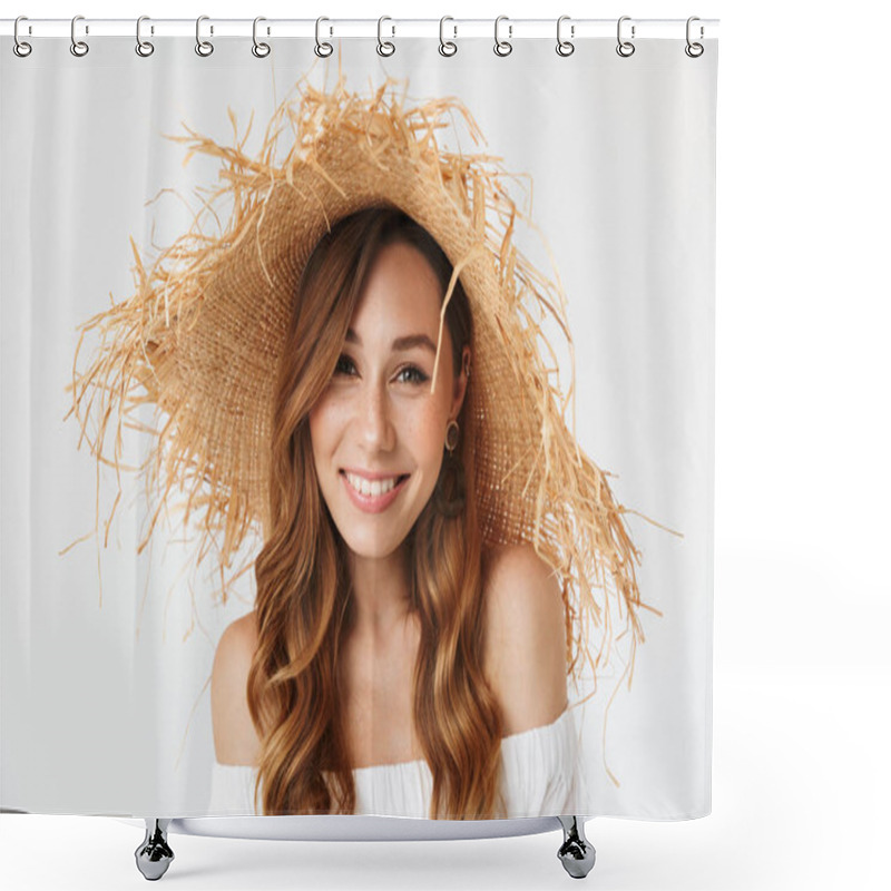 Personality  Portrait Closeup Of Attractive Charming Woman 20s Wearing Big Straw Hat Posing On Camera With Lovely Smile Isolated Over White Background Shower Curtains