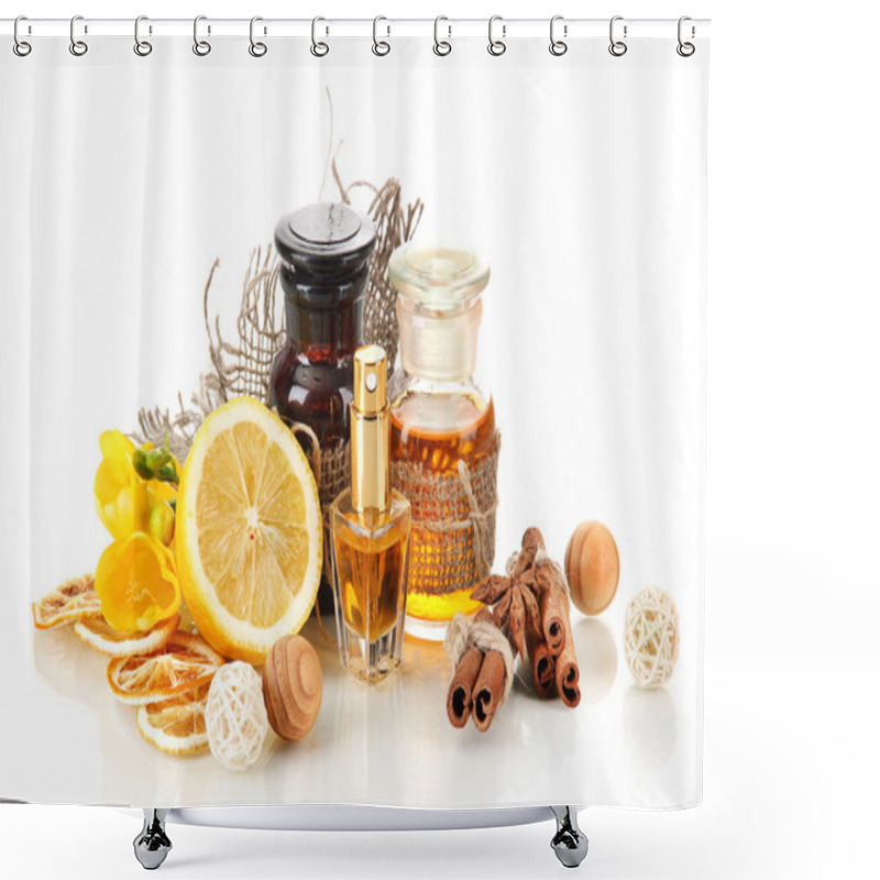 Personality  Bottles With Ingredients For The Perfume, Isolated On White Shower Curtains