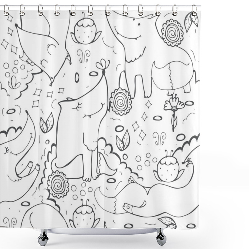 Personality  Seamless Vector Pattern With Cute Foxes And Flowers On White Background. Hand Drawn Monochrome Illustration Decorated With Doodle Flowers And Butterflies. Kind Childish Texture. Shower Curtains