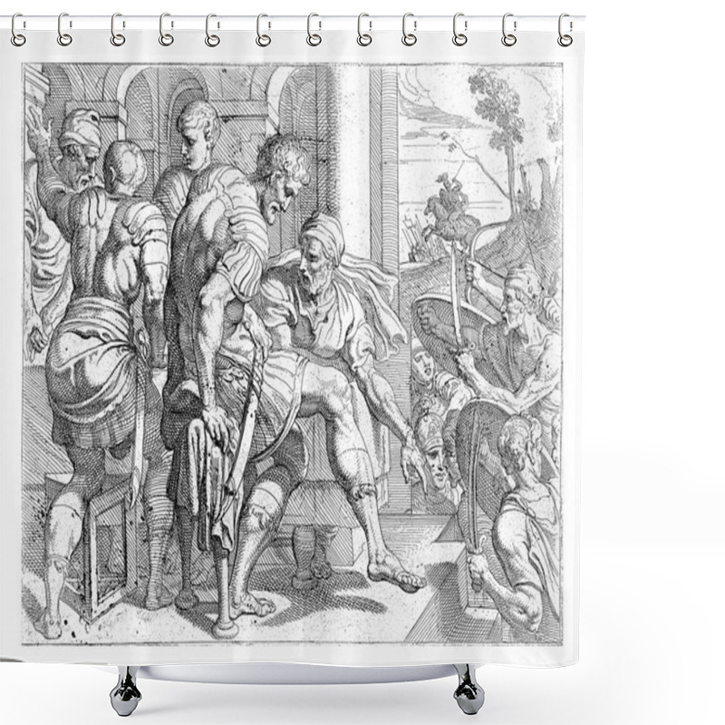 Personality  Laertes' House Attacked, The Relatives Of The Deceased Suitors Want Revenge And Storm The House Of Laertes, Vintage Engraving. Shower Curtains