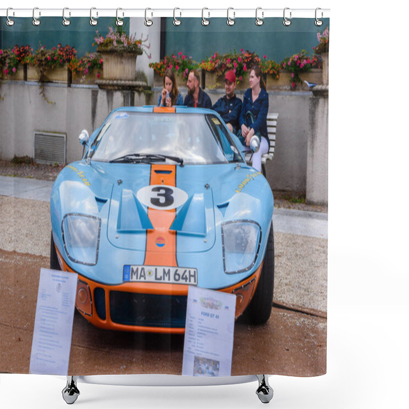 Personality  BADEN BADEN, GERMANY - JULY 2019: Light Blue Orange FORD GT40 GT Sport Racing Car, Oldtimer Meeting In Kurpark Shower Curtains