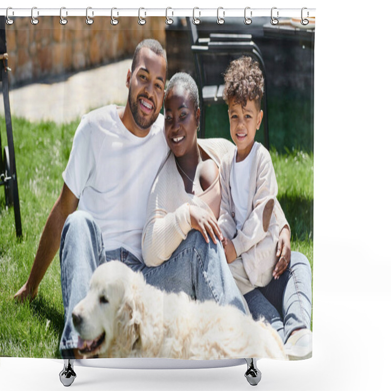 Personality  Family Portrait Of Positive African American Family Looking At Camera And Sitting On Lawn Near Dog Shower Curtains