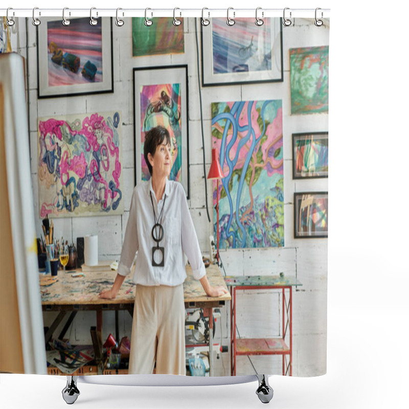 Personality  Thoughtful Mature Woman Artist Standing And Looking Away In Art Studio With Colorful Paintings Shower Curtains