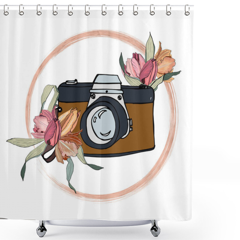 Personality  Composition Camera And A Bouquet Of Tulips. Doodle Style. Logo With Flower Illustration On A White Background. For Design, Print Or Background. Shower Curtains