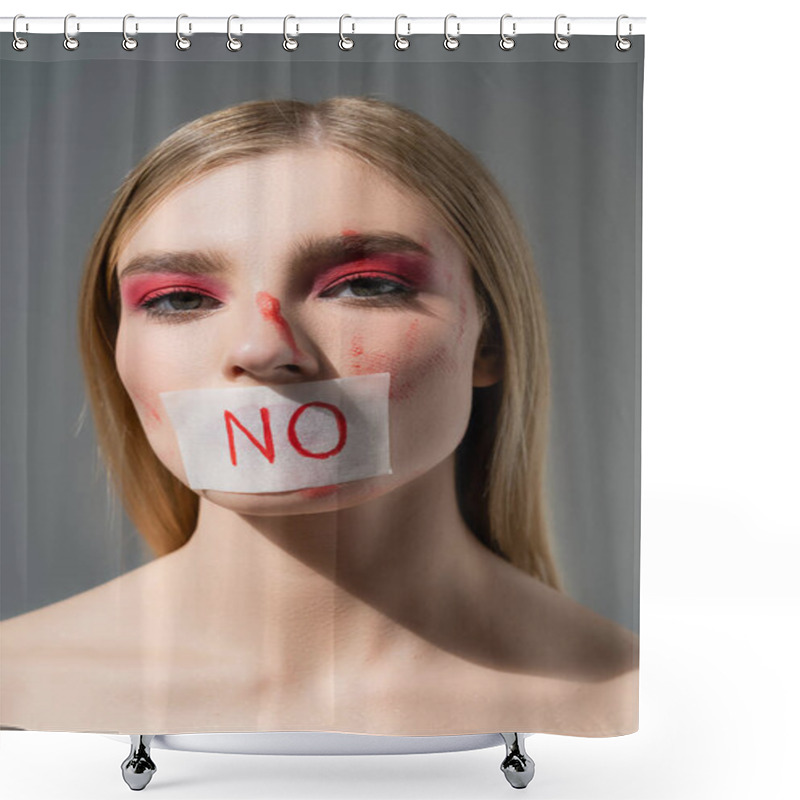 Personality  Young Woman With Red Makeup And Card With No Lettering On Lips Looking At Camera Isolated On Grey  Shower Curtains