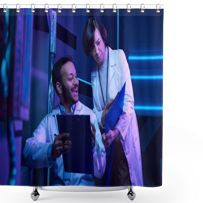 Personality  Hindu Male And Adult Female Scientists Analyze Data And Share Smiles In Neon-Lit Science Center Shower Curtains