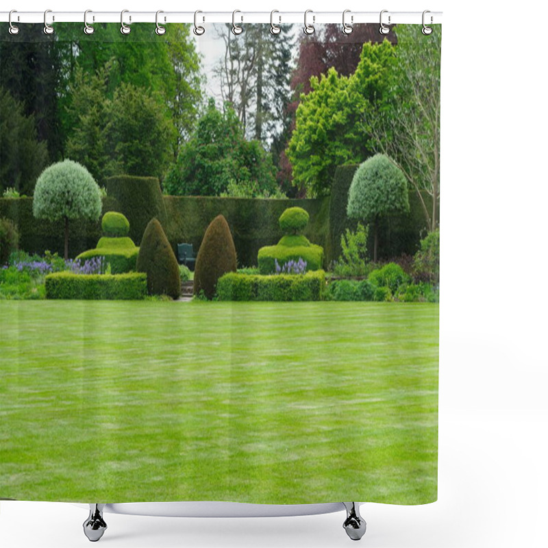 Personality  A Beautiful View Of Green Garden With Trees In A Lush Pond. Shower Curtains