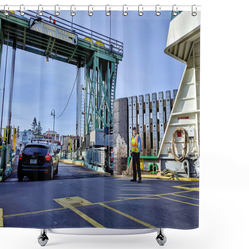 Personality  San Juan Island, WA / USA - Circa November 2019: Man Directing Vehicle Traffic Off Of A Washington State Ferry Docked At Friday Harbor On San Juan Island. Shower Curtains