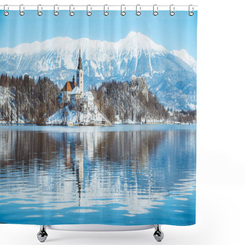 Personality  Lake Bled With Bled Island And Castle At Sunrise In Winter, Slovenia Shower Curtains