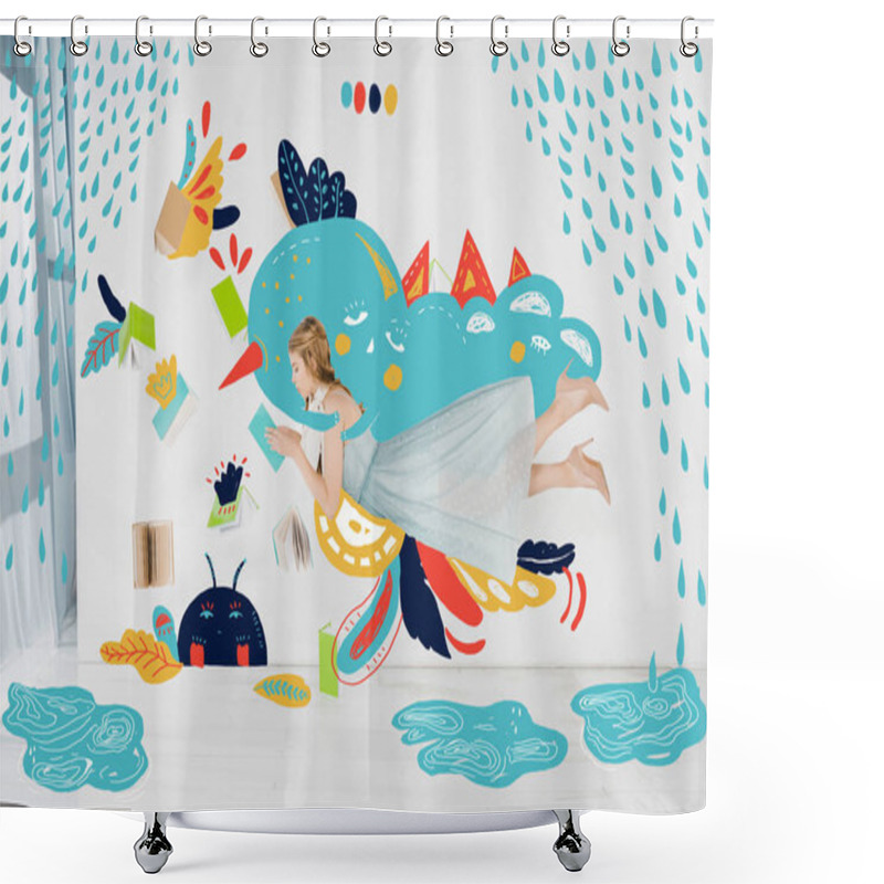 Personality  Floating Girl In Blue Dress Reading Book With Rain Illustration Shower Curtains