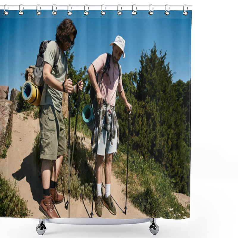 Personality  Two Young Men Hike Together In A Summer Forest. They Are Both Wearing Backpacks And Using Walking Sticks. Shower Curtains