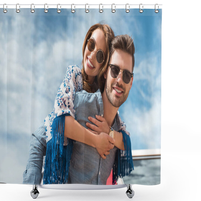 Personality  Handsome Man In Sunglasses Piggybacking His Smiling Girlfriend Shower Curtains