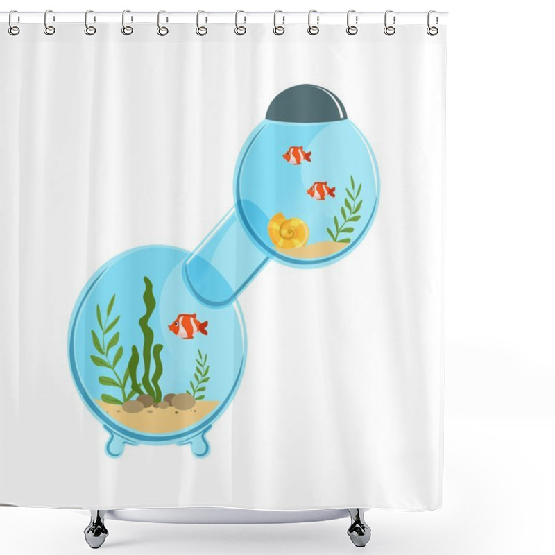 Personality  Multi-room Aquarium In Round Shape With Decorative Fishes, Stones, Shell And Different Algae On Sand. Underwater World. Flat Vector Design For Website Or Mobile App Shower Curtains