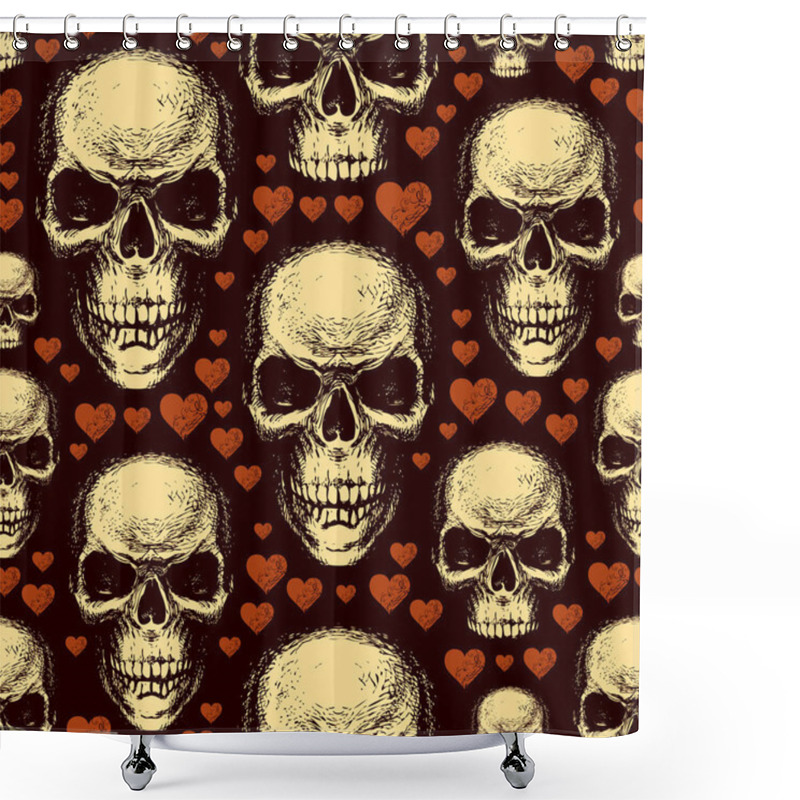 Personality  Seamless Pattern With Human Skulls In Love And Cute Red Hearts On Black Backdrop. Vector Background With Hand-drawn Skulls In Retro Style. Graphic Print For Clothing, Fabric, Wallpaper, Wrapping Paper Shower Curtains