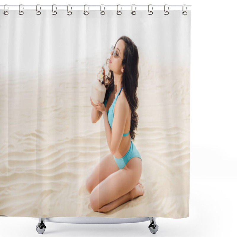 Personality  Beautiful Sexy Girl In Blue Bikini Sitting And Drinking Coconut Cocktail On Sandy Beach With Copy Space Shower Curtains