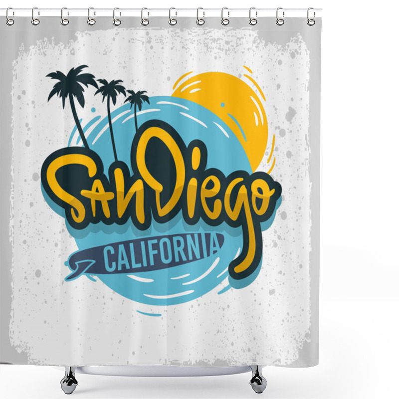 Personality  San Diego California Surfing Surf  Design  Hand Drawn Lettering Type Logo Sign Label For Promotion Ads T Shirt Or Sticker Poster Vector Image Shower Curtains