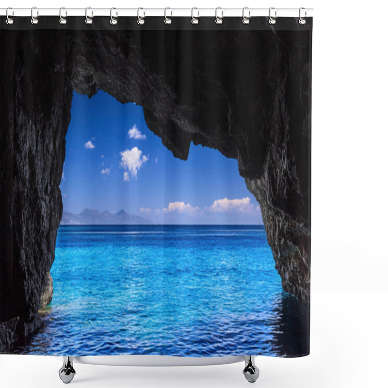 Personality  Famous Blue Caves. Beautiful Sea Caves On Zakynthos Island, Ionian Sea In Greece. View From Within The Cave Shower Curtains