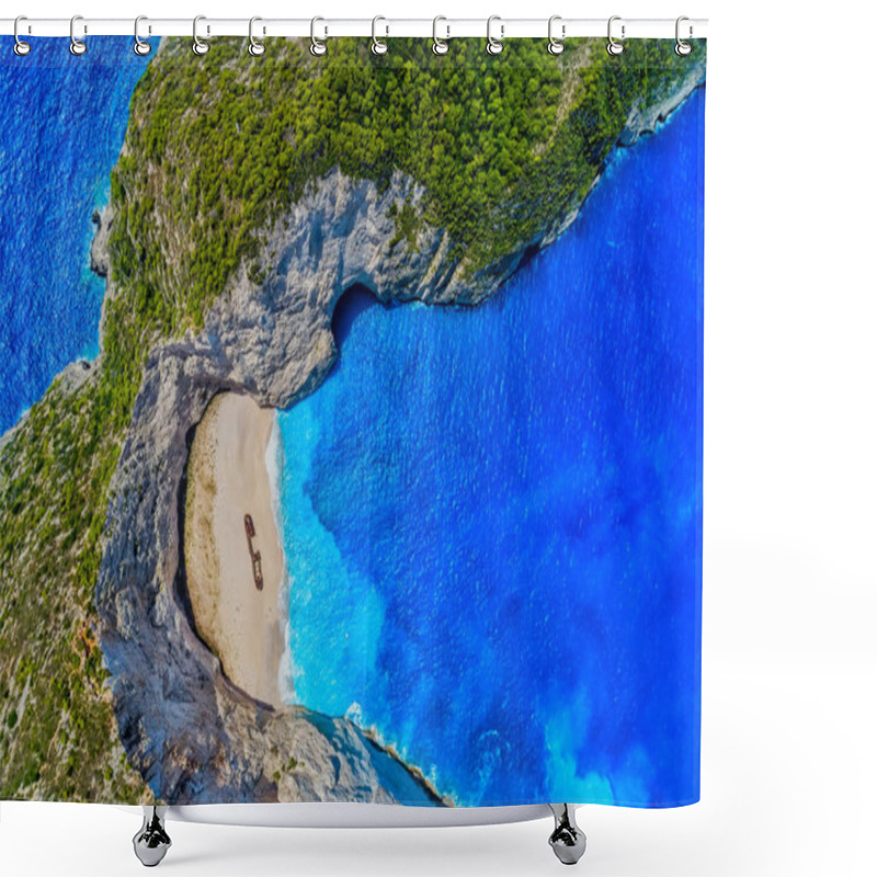 Personality  Aerial View Of Navagio (Shipwreck) Beach In Zakynthos Island, Gr Shower Curtains