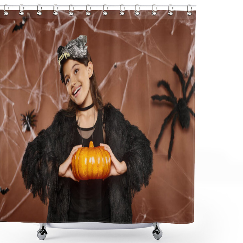 Personality  Smiley Preteen Girl Holding Pumpkin In Her Hands On Brown Backdrop, Halloween Concept Shower Curtains