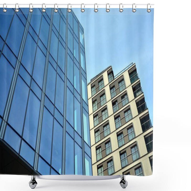 Personality  Blue Curtain Wall Made Of Toned Glass And Steel Constructions Under Blue Sky. A Fragment Of A Building. Shower Curtains